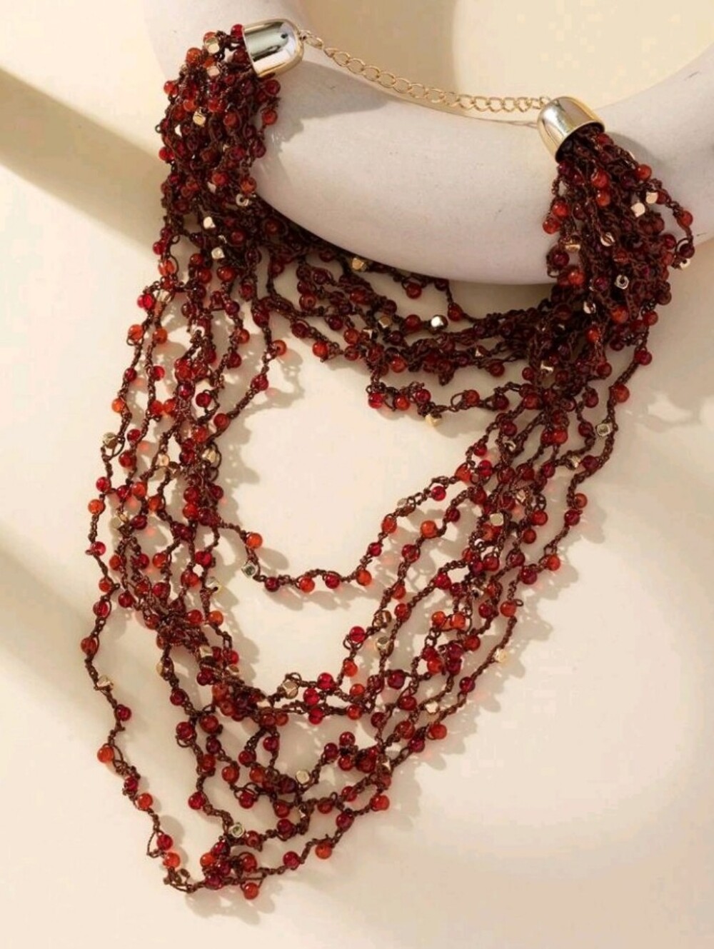 NEW! Statement Gold Multi-Strand Garnet Red Seed Beaded Necklace - Women Jewelry